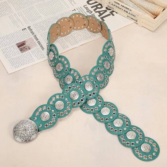 Women Vintage Disc Waist Concho Leather Belt Boho Waist Belt Green Silver Buckle main image 4